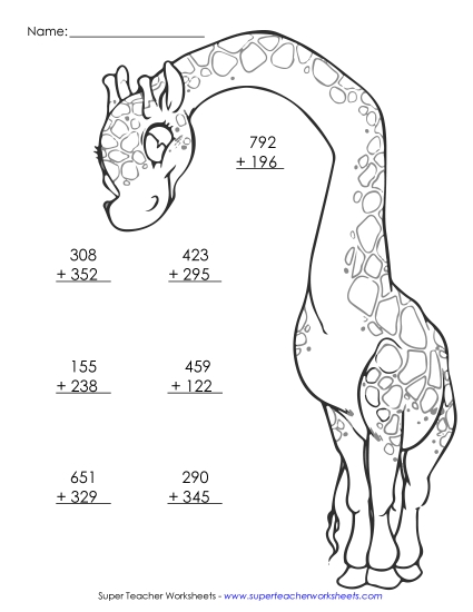 Color and Add: Giraffe (3-Digits)