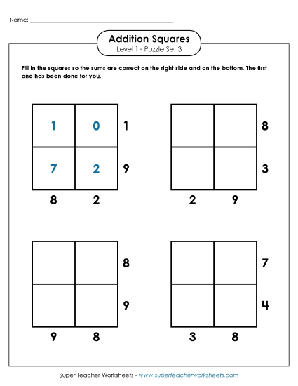 Addition Squares: Level 1, Set 3