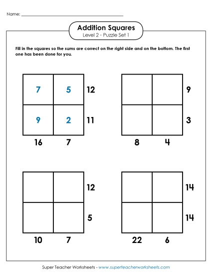 Addition Squares: Level 2, Set 1