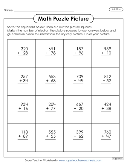 3-Digit + 2 Digits - Snowman Picture Puzzle
