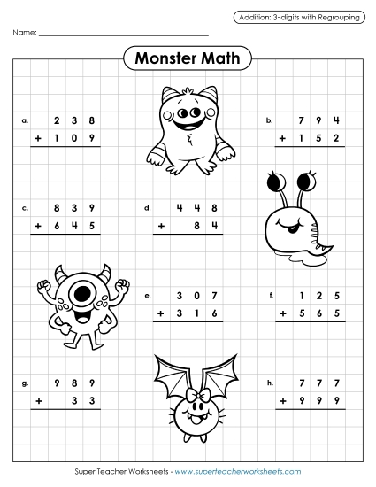 Monster Math Addition:  3-Digits