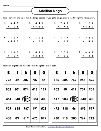 Addition Bingo:  3-Digit Addends