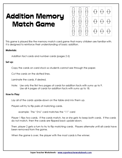 Addition Memory Match Game
