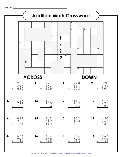Addition Crossword (3 Addends)