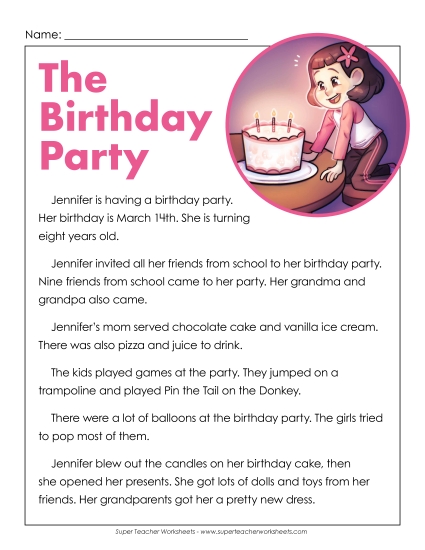 Jennifer's Birthday Party Reading Comprehension Worksheet