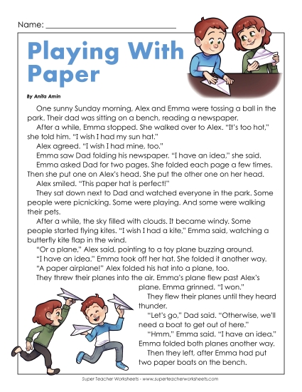 Playing With Paper 2nd Grade Reading Comprehension Worksheet