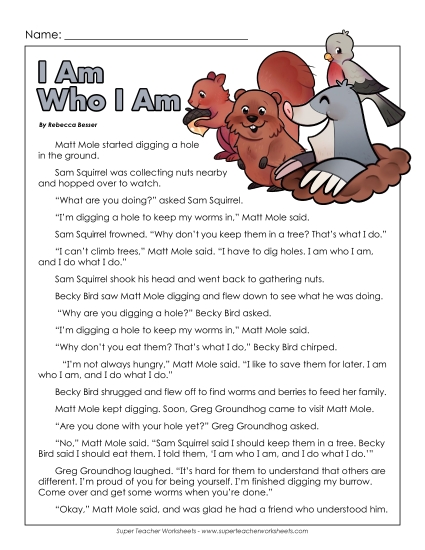 I Am Who I Am (Fable) 2nd Grade Reading Comprehension Worksheet