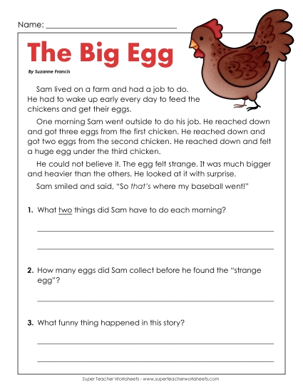 The Big Egg (Short) 2nd Grade Reading Comprehension Worksheet