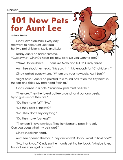 Aunt Lee\'s 101 New Pets 2nd Grade Reading Comprehension Worksheet