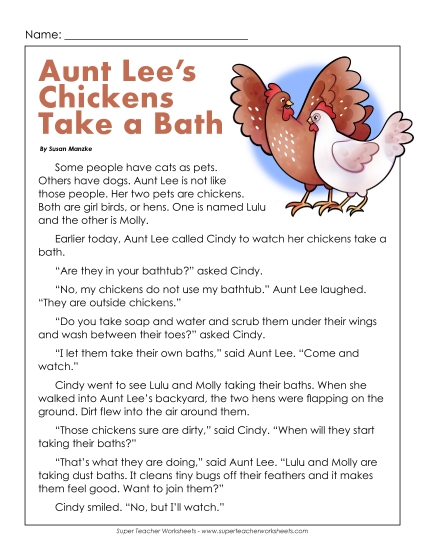Aunt Lee's Chickens Take a Bath 2nd Grade Reading Comprehension Worksheet
