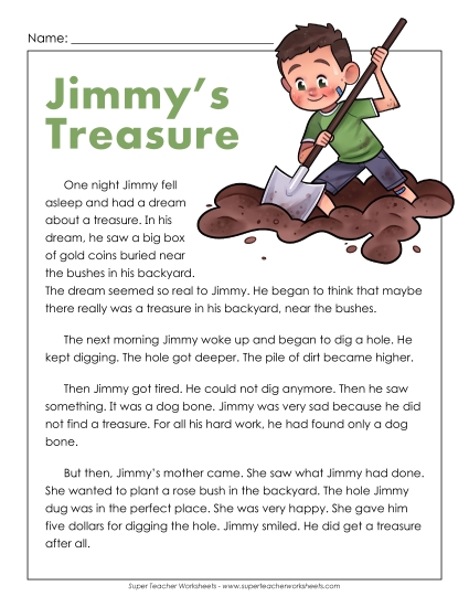 Jimmy's Treasure 2nd Grade Reading Comprehension Worksheet