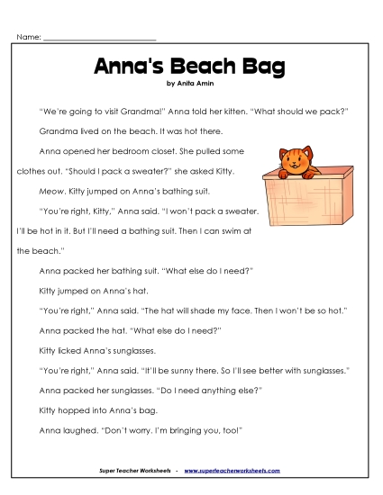Anna's Beach Bag 2nd Grade Reading Comprehension Worksheet