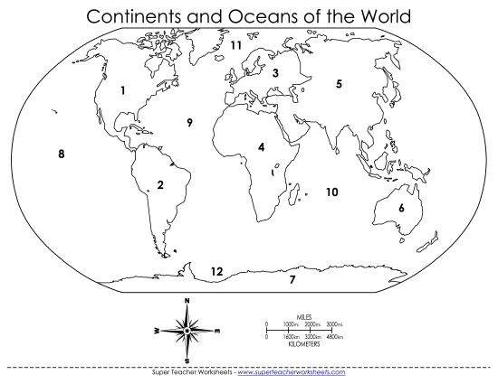 Continents & Oceans (Numbered)