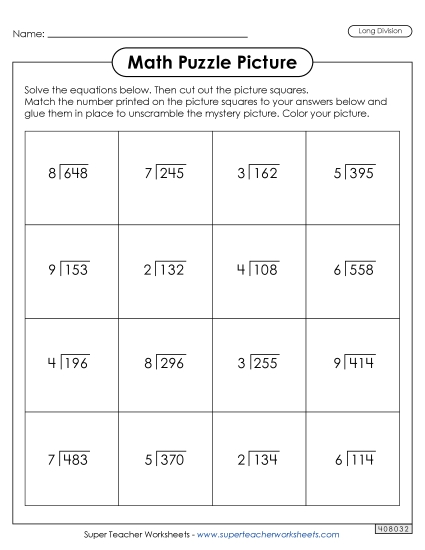 Long Division - Skier Picture Puzzle<br>(No Remainders)