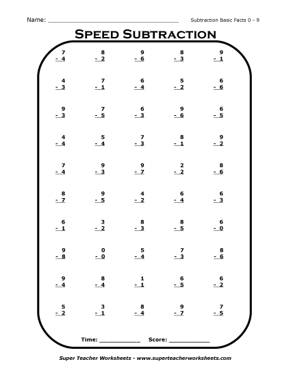 Speed Subtraction Basic Facts (0 - 9)