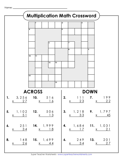 Multiplication Crossword (4-Digit by 2-Digit)