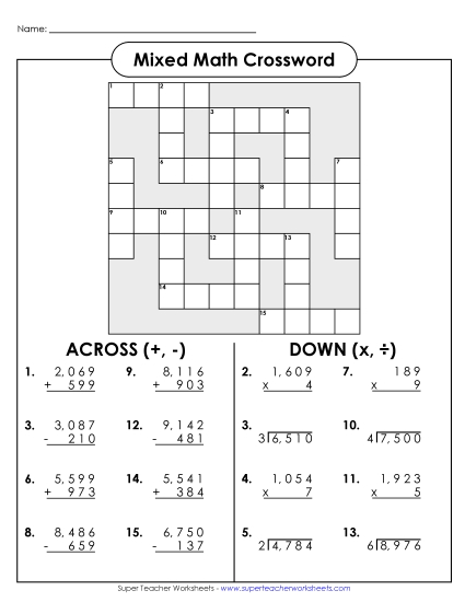 Math Crossword - Add, Subt, Mult, Div