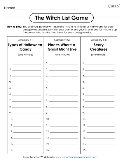 Witch List Game Holiday Worksheet