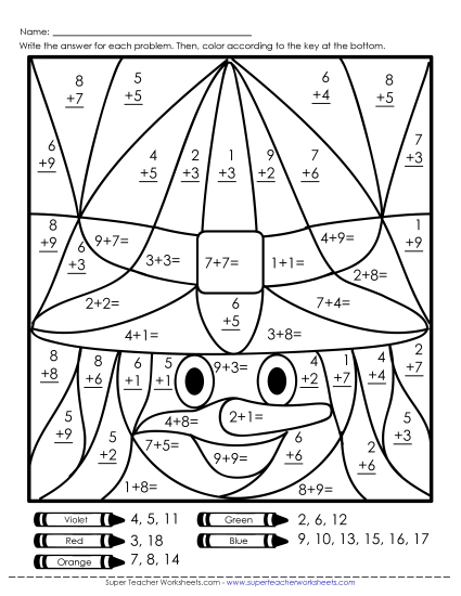 Addition Mystery Picture: Witch (Basic Addition Facts) Worksheet