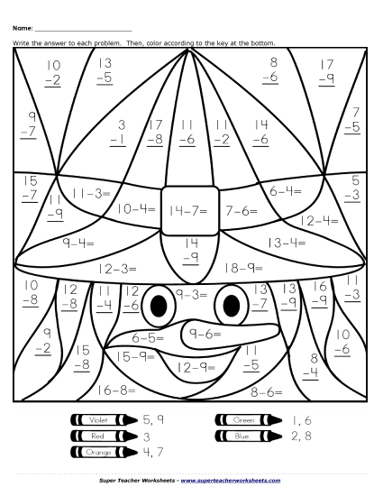 Subtraction Mystery Picture: Witch (Basic Subtraction Facts) Worksheet