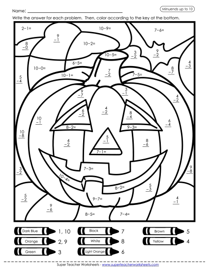 Subtraction Mystery Picture: Pumpkin (Basic Subtraction Facts) Worksheet