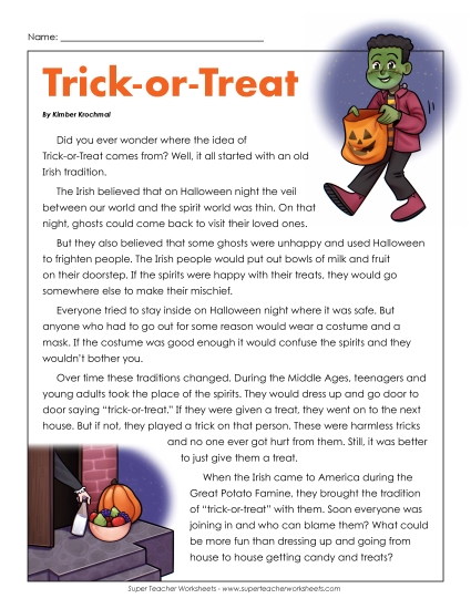 Trick-or-Treat Reading Comprehension Worksheet