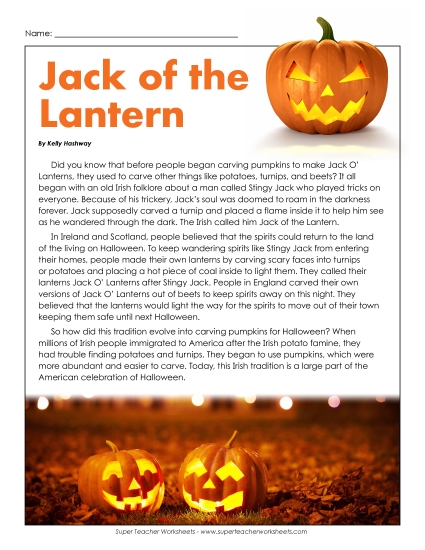 Jack of the Lantern Reading Comprehension Worksheet