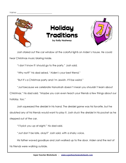Holiday Traditions (Fiction Story) Christmas Worksheet