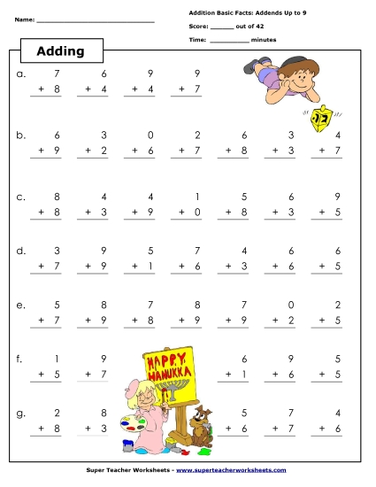 Basic Addition - Hanukkah Free Worksheet