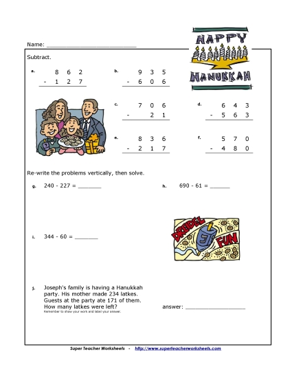 3-Digit Subtraction - Hanukkah Worksheet
