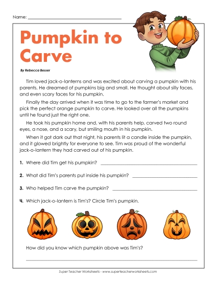 Tim's Pumpkin Reading Comprehension Worksheet
