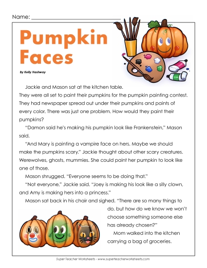 Pumpkin Faces Grade Reading Comprehension Worksheet