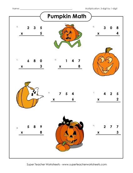 Pumpkin Math Multiplication (3-Digits x 1 Digit) Worksheet
