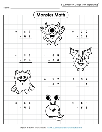 Monster Math (Subtraction: 2-Digits w/ Regrouping) Worksheet