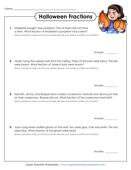 Halloween Fraction Word Problems Math Worksheet