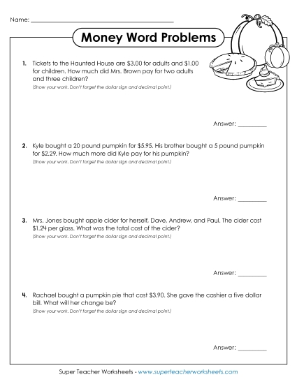 Halloween Word Problems (Add and Subtract Money) Math Worksheet