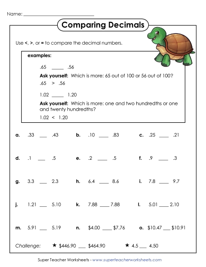Comparing Decimals<br>(Tenths and Hundredths)