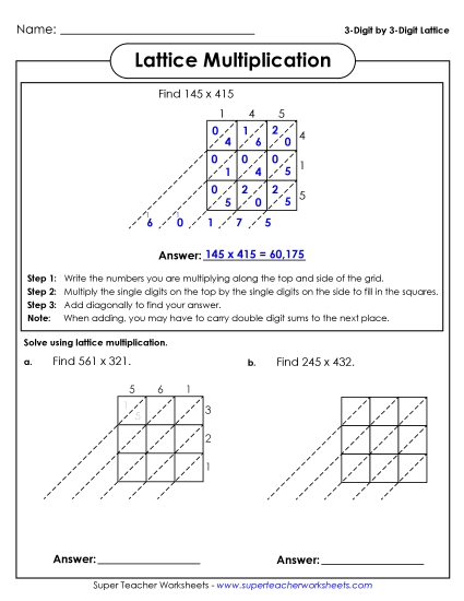 Lattice Multiplication : 3 digits by 3 digits