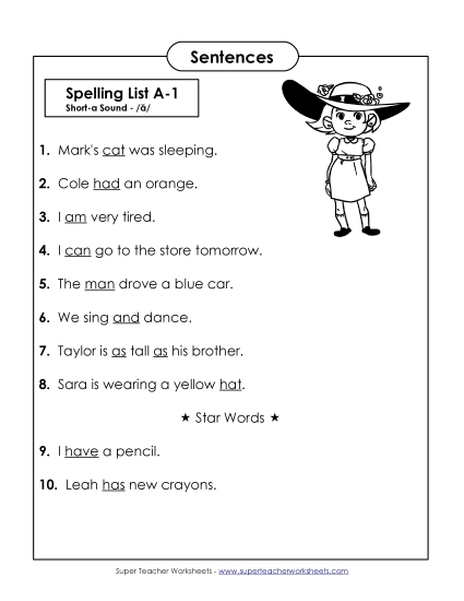Spelling Test Sentences (A-1)
