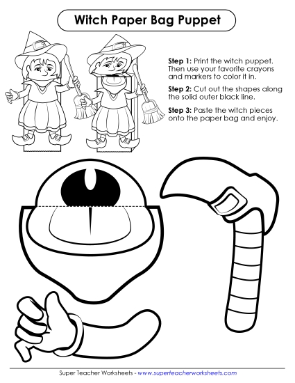 Witch Paper Bag Puppet Halloween Worksheet