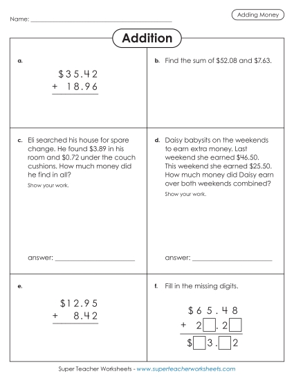 Variety Worksheet: Adding Money