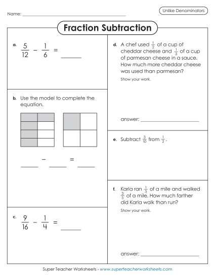 Variety Worksheet: Fraction Subtraction (Unlike Denominators)