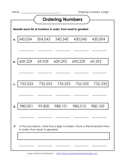 Ordering Numbers: Least to Greatest (6-Digit)