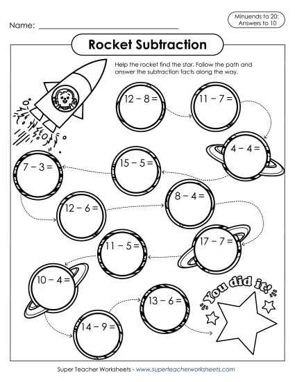 Rocket Subtraction (Minuends to 20, Answers to 10)  