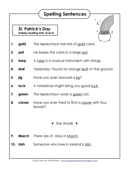Spelling Test Sentences (A-St. Patrick\'s Day)