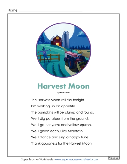 Harvest Moon (Poem) Poems Worksheet