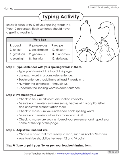 Typing Sentences (Thanksgiving) Spelling F Worksheet