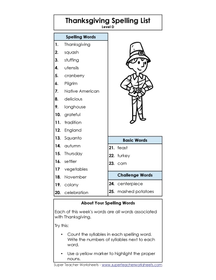 Thanksgiving Word List (D-Thanksgiving) Spelling D Worksheet