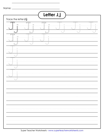 Letter J, j - Tracing (Smaller Font Size) Alphabet Worksheet