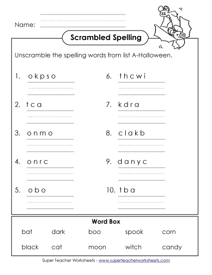 Unscramble (A-Halloween) Spelling A Worksheet